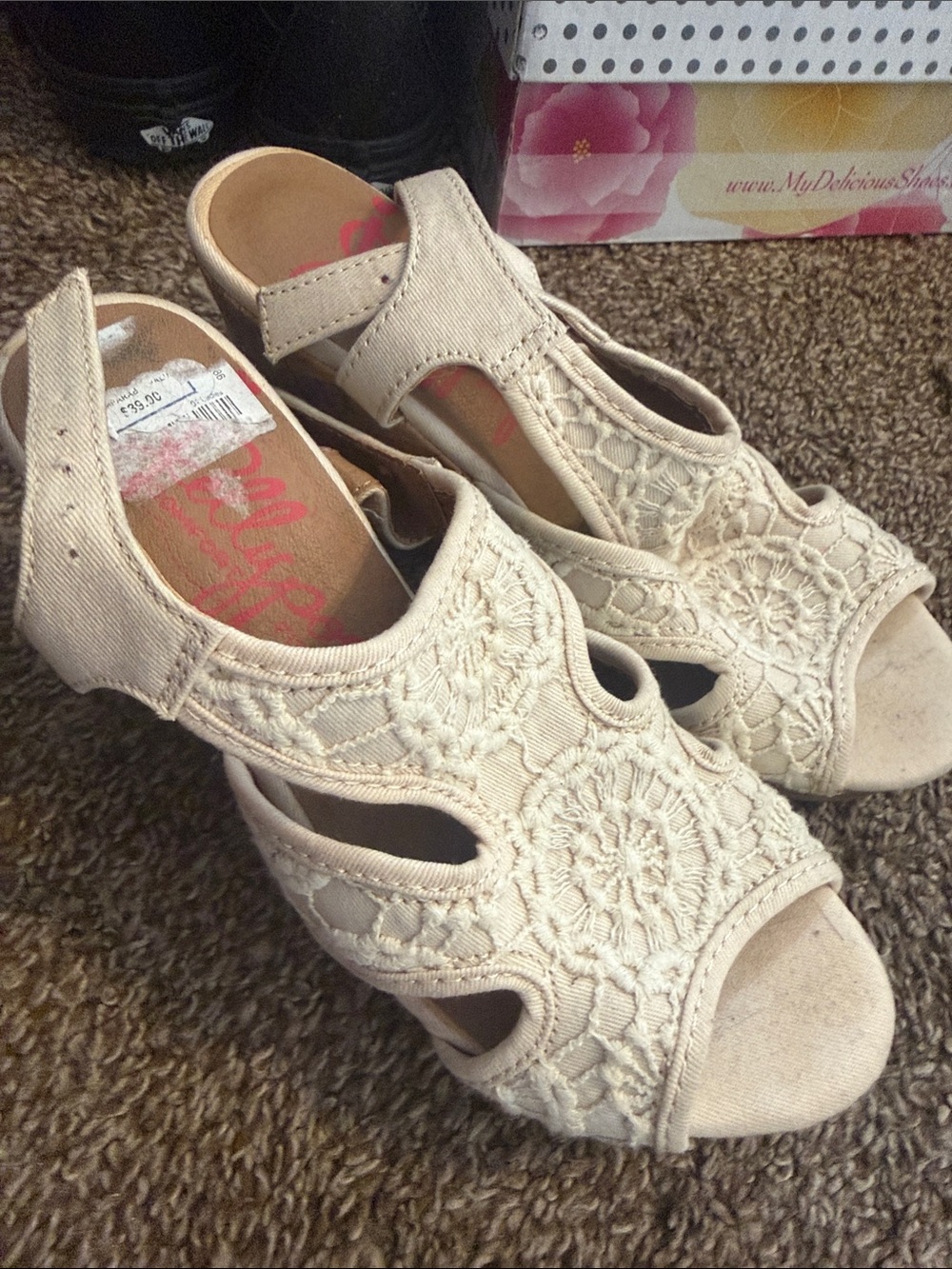 Jellypop Cream Crochet Peep-Toe Wedge Sandals